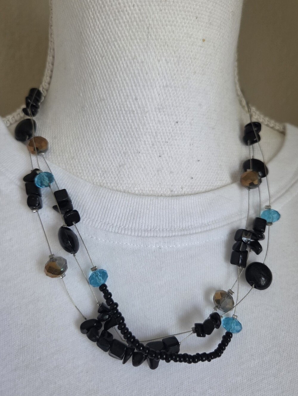signed erica lyons multi strand black stone turquoise crystal illusion necklace